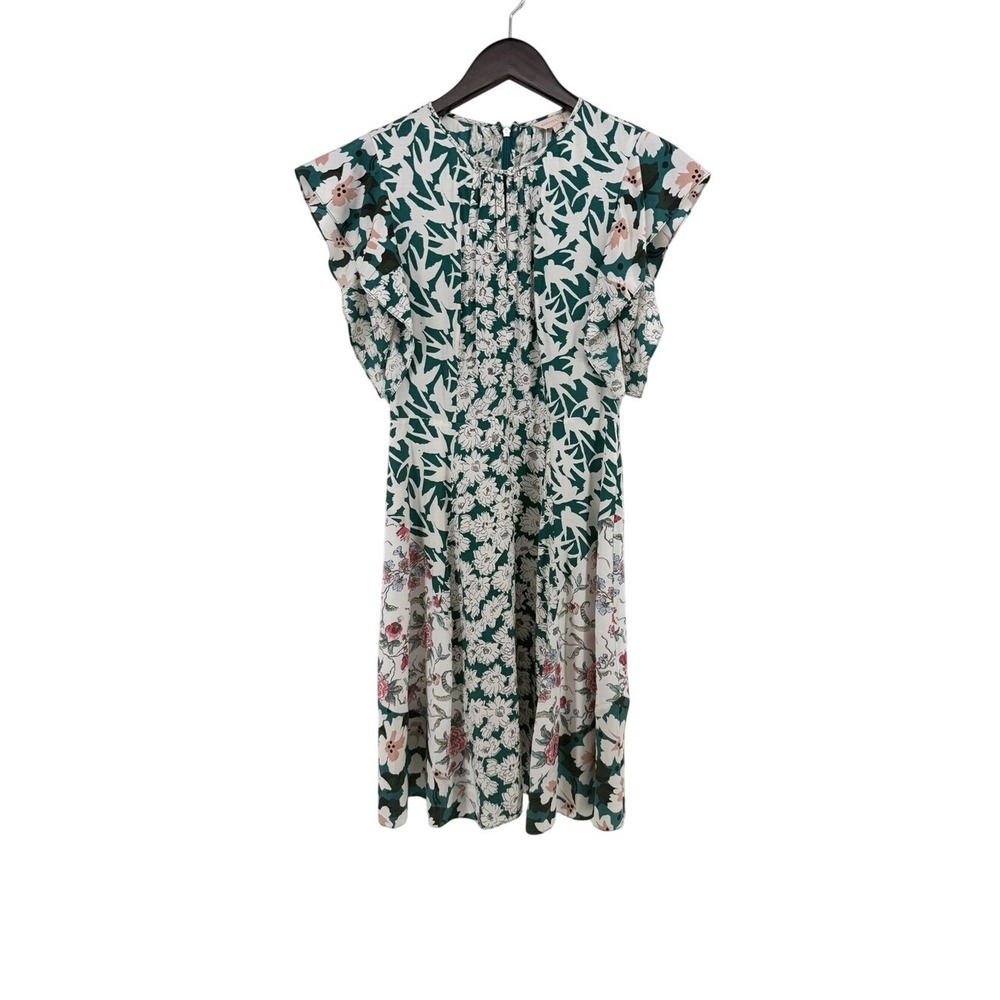 Rebecca Taylor Green Floral Bird Print Flutter Sleeve Silk Dress Botanical‎
